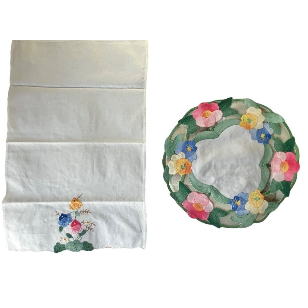 Madeira Multicolor on White Embroidered Tea Towel & Round Placemat VGUC
